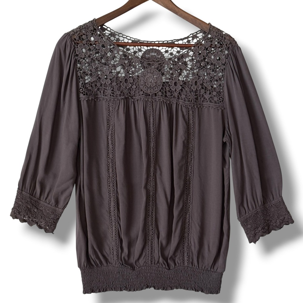 Solitaire Blouse Large Brown Gray Crochet Lace Trim Smock Hem Boho Rayon Peasant